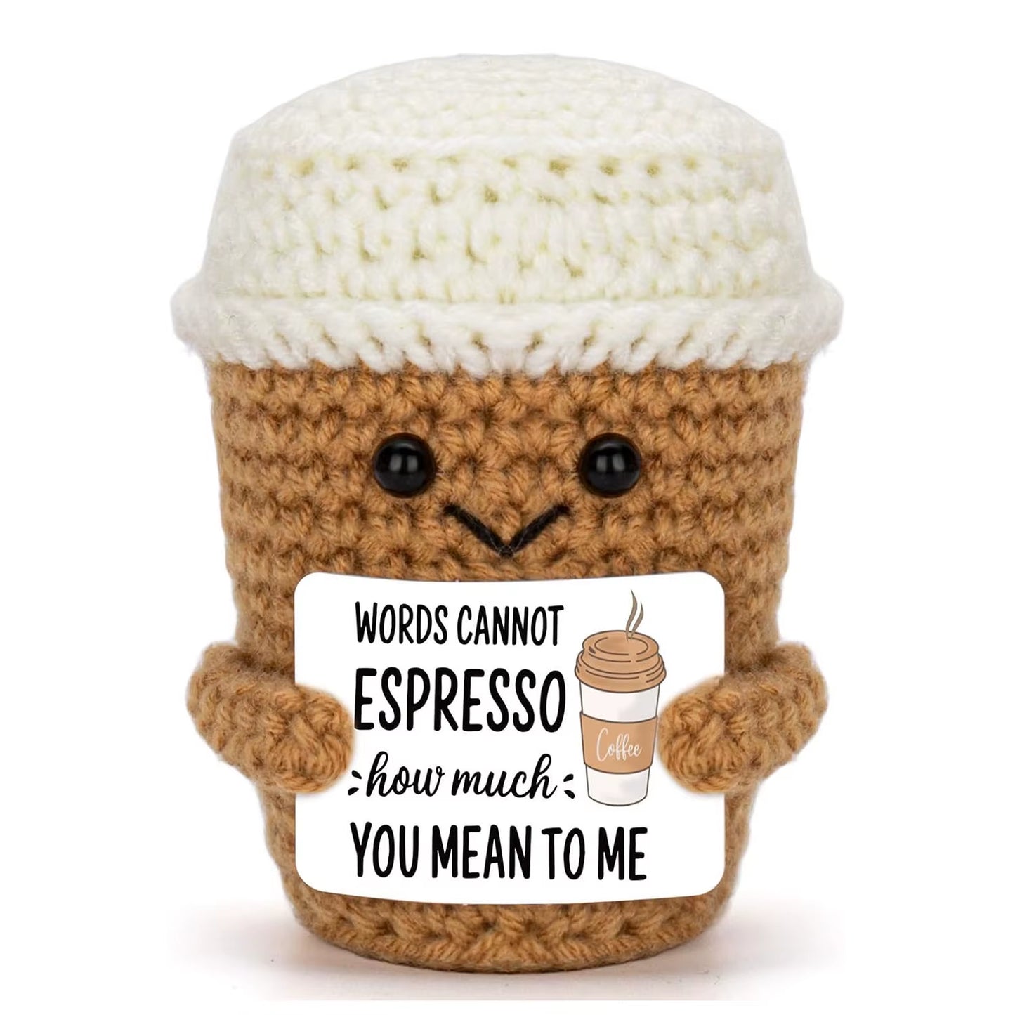 MAGGIE QUEEN Funny Handwoven Positive Energy Coffee Cup Support Emotional Home Room Decoration Plush Knitting Doll Birthday Christmas Gift