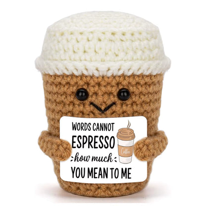 MAGGIE QUEEN Funny Handwoven Positive Energy Coffee Cup Support Emotional Home Room Decoration Plush Knitting Doll Birthday Christmas Gift
