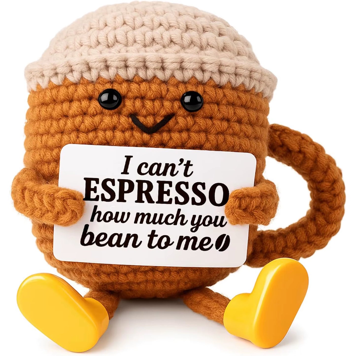 MAGGIE QUEEN Funny Handwoven Positive Energy Coffee Cup Support Emotional Home Room Decoration Plush Knitting Doll Birthday Christmas Gift