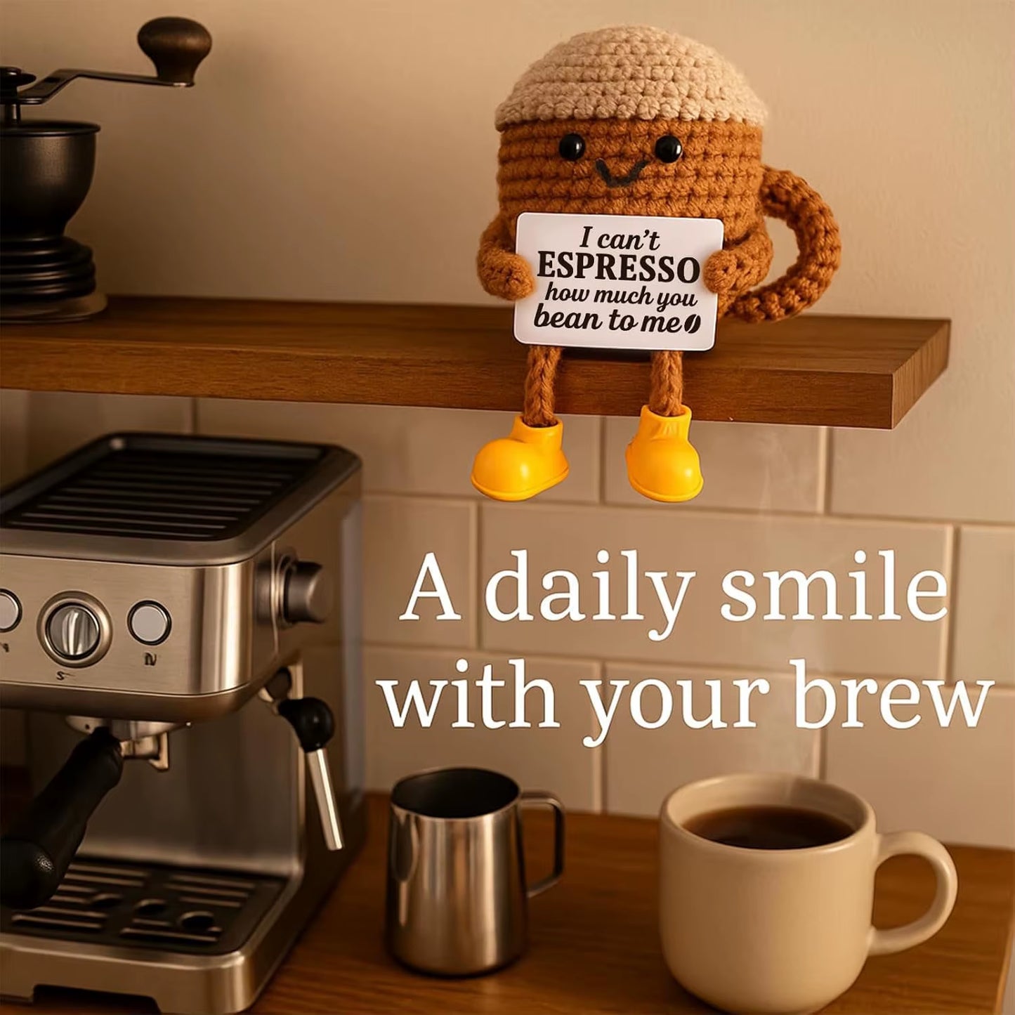 MAGGIE QUEEN Funny Handwoven Positive Energy Coffee Cup Support Emotional Home Room Decoration Plush Knitting Doll Birthday Christmas Gift