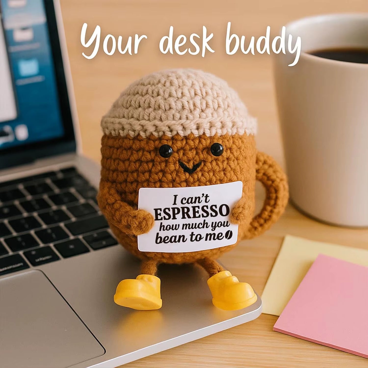 MAGGIE QUEEN Funny Handwoven Positive Energy Coffee Cup Support Emotional Home Room Decoration Plush Knitting Doll Birthday Christmas Gift