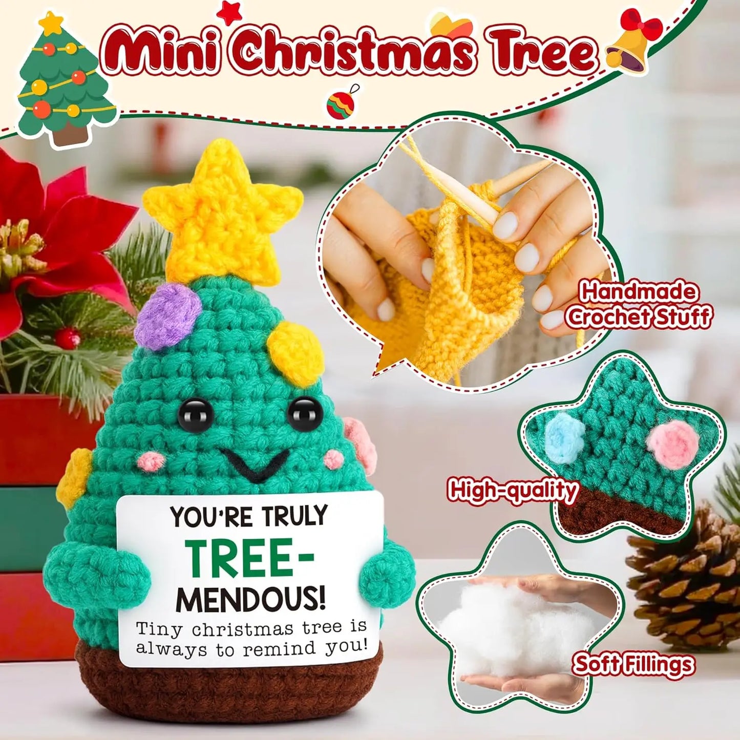 MAGGIE QUEEN Mini Handmade Christmas Tree Crochet Decor Merry Inspirational Cheer up Gifts for Sister Friends Mom Grandma Christmas Gifts
