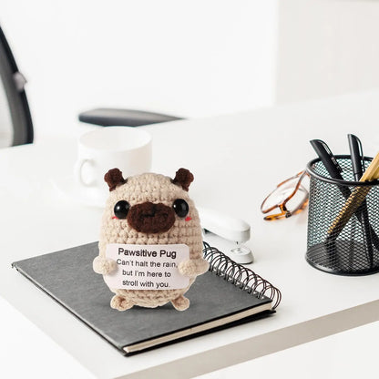 MAGGIE QUEEN Positive Energy Pug Hug Pocket Mini Handmade Plush Knitting Dog Doll with Card Funny Christams Gift Home Room Decoration