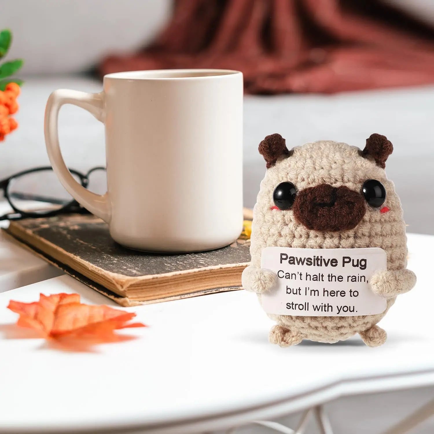 MAGGIE QUEEN Positive Energy Pug Hug Pocket Mini Handmade Plush Knitting Dog Doll with Card Funny Christams Gift Home Room Decoration