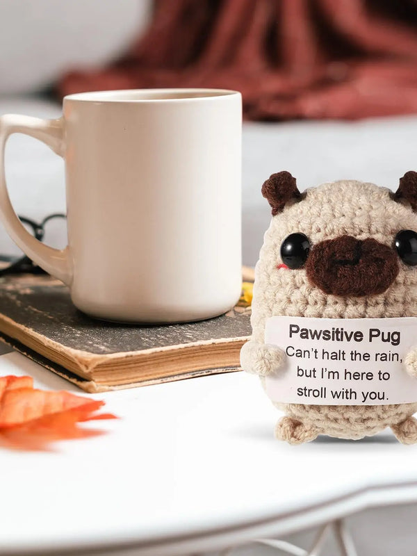 MAGGIE QUEEN Positive Energy Pug Hug Pocket Mini Handmade Plush Knitting Dog Doll with Card Funny Christams Gift Home Room Decoration