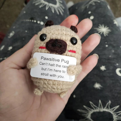 MAGGIE QUEEN Positive Energy Pug Hug Pocket Mini Handmade Plush Knitting Dog Doll with Card Funny Christams Gift Home Room Decoration