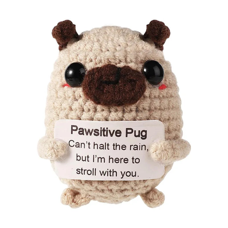 MAGGIE QUEEN Positive Energy Pug Hug Pocket Mini Handmade Plush Knitting Dog Doll with Card Funny Christams Gift Home Room Decoration