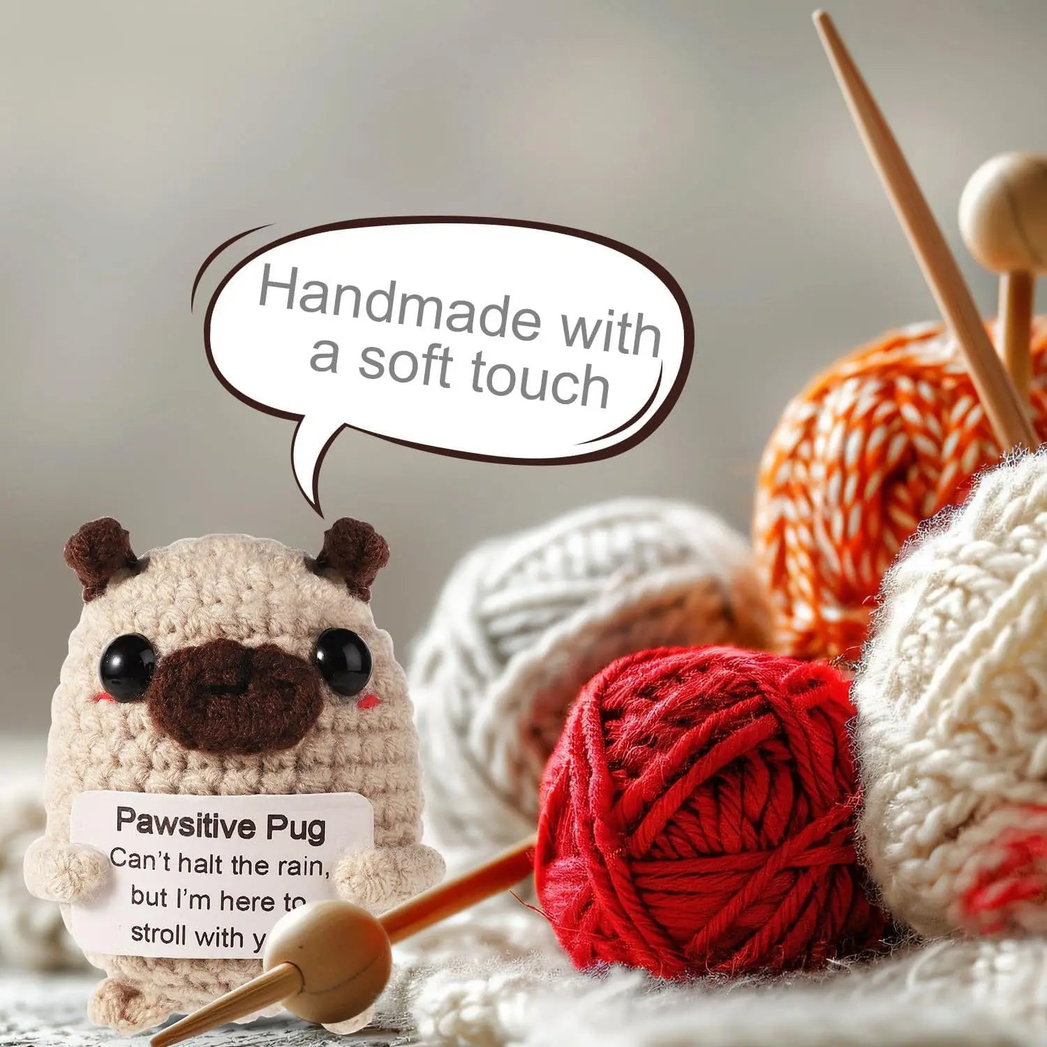 MAGGIE QUEEN Positive Energy Pug Hug Pocket Mini Handmade Plush Knitting Dog Doll with Card Funny Christams Gift Home Room Decoration