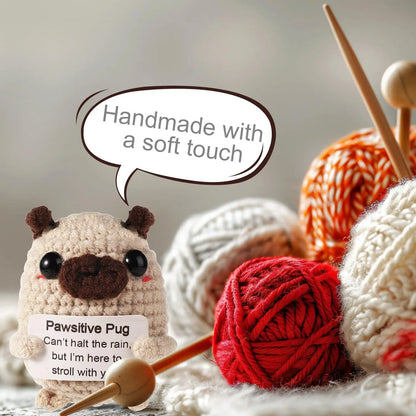 MAGGIE QUEEN Positive Energy Pug Hug Pocket Mini Handmade Plush Knitting Dog Doll with Card Funny Christams Gift Home Room Decoration