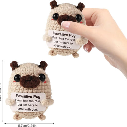 MAGGIE QUEEN Positive Energy Pug Hug Pocket Mini Handmade Plush Knitting Dog Doll with Card Funny Christams Gift Home Room Decoration