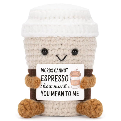 MAGGIE QUEEN Funny Handwoven Positive Energy Coffee Cup Support Emotional Home Room Decoration Plush Knitting Doll Birthday Christmas Gift