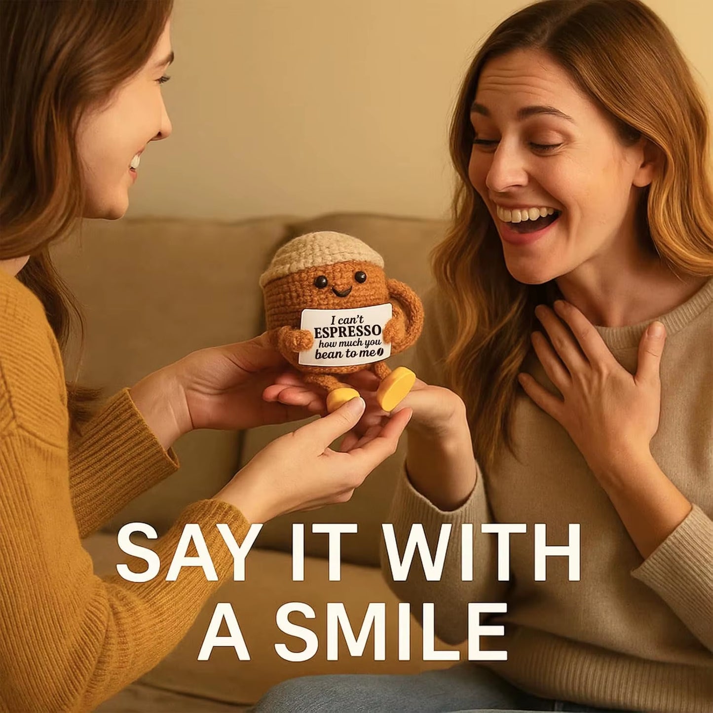 MAGGIE QUEEN Funny Handwoven Positive Energy Coffee Cup Support Emotional Home Room Decoration Plush Knitting Doll Birthday Christmas Gift