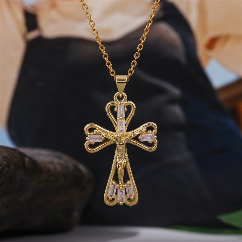 High Quality Fashion Copper Inlaid Zirconium Cross Necklace Women