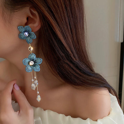 High Quality Fashion Silver Needle Diamond Pearl Crystal Flower Tassel Earring