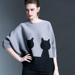 High Quality Fashion Round neck loose stitching cat pattern sleeves stretch pleated print tops women