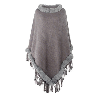 High Quality Fashion Pure Color Knitted Cape Shawl With Fur Collar