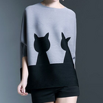 High Quality Fashion Round neck loose stitching cat pattern sleeves stretch pleated print tops women
