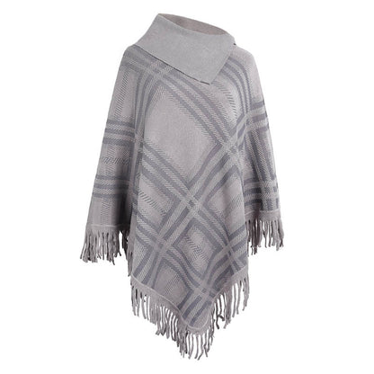 High Quality Fashion Women's Knitted Checkered Lapel Cape Shawl Coat