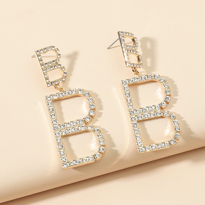 High Quality Fashion Design Full Diamond Letter B Ear Buckle Temperament Fashion Earrings