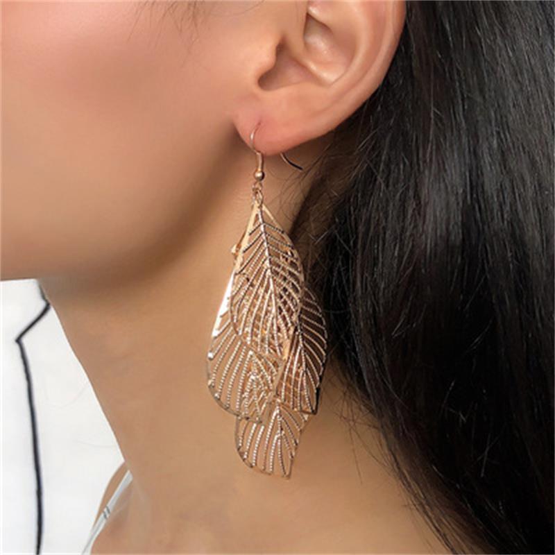 High Quality Fashion woman Simple hollow multi-layer leaf earrings