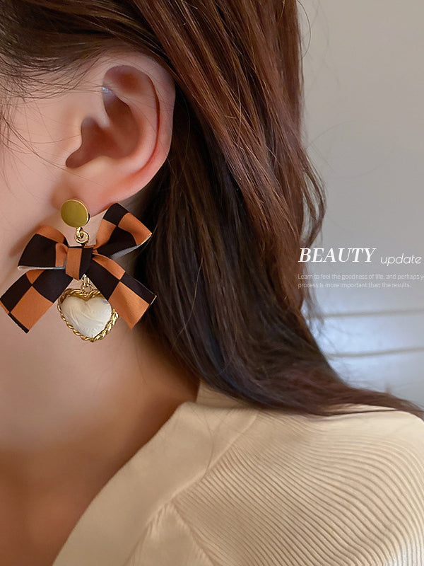 High Quality Fashion Silver Needle Fabric Checkered Bow Love Earrings