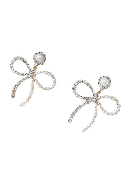 High Quality Fashion Temperament Pearl Bow Earrings Full of Diamonds