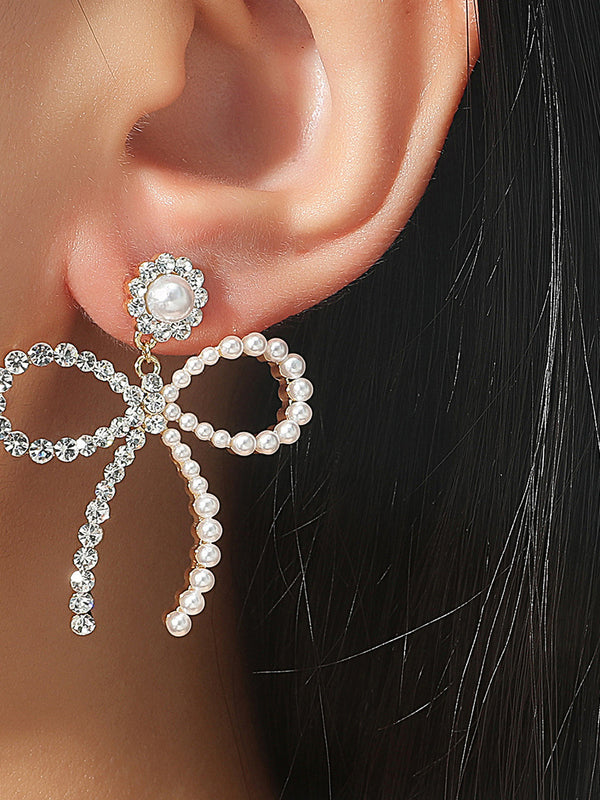 High Quality Fashion Temperament Pearl Bow Earrings Full of Diamonds