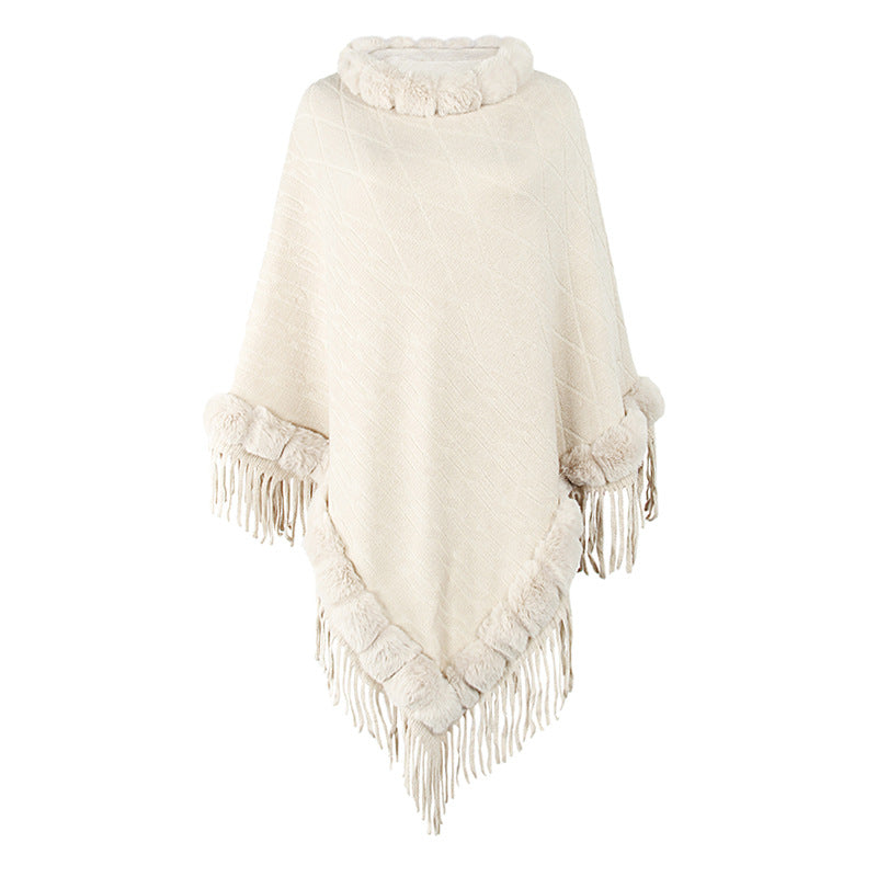 High Quality Fashion Pure Color Knitted Cape Shawl With Fur Collar