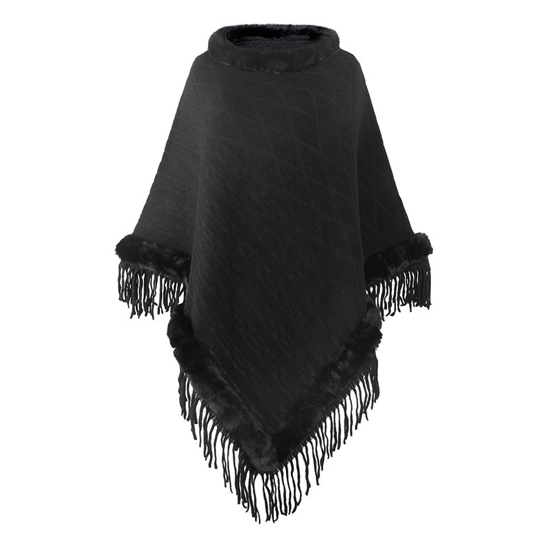 High Quality Fashion Pure Color Knitted Cape Shawl With Fur Collar