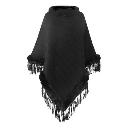 High Quality Fashion Pure Color Knitted Cape Shawl With Fur Collar