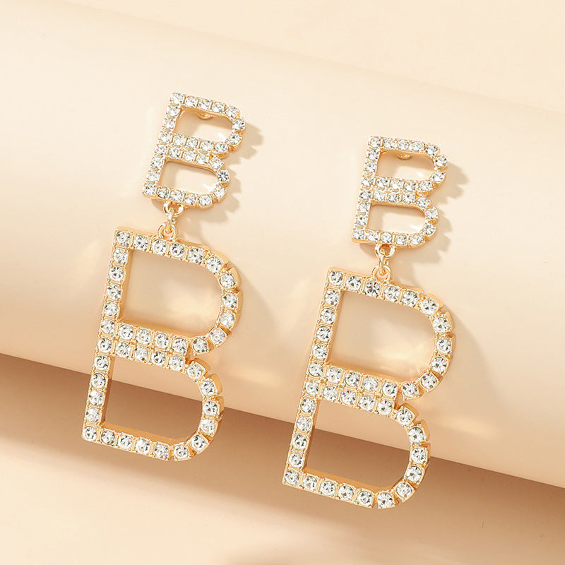 High Quality Fashion Design Full Diamond Letter B Ear Buckle Temperament Fashion Earrings